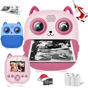 儿童即时打印相机，儿童即时相机，相机套装，女孩高清数码相机，带打印纸的儿童相机，儿童自拍玩具相机，适合3-12岁儿童作为圣诞礼物和生日礼物，儿童玩具