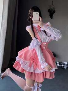 1pc Cute Lolita Maid Costume Set, Anime Cosplay Outfit Includes Dress + Apron, Suitable For Parties, Performances, Balls, And Stage Wear - 彩色 - 查看 3