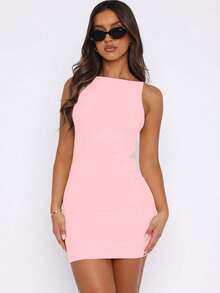 无袖纯色极简性感修身迷你连衣裙，尽显性感魅力，女士轻盈夏季连衣裙，适合海滩度假派对、俱乐部、街头约会、圣诞节新年等场合，优雅百搭。 - 粉色 - 查看 5