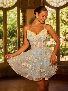 Faeriesty Luxury Elegant Spaghetti Strap Mini Evening Dress With 3D Floral Embroidery, Open Back Design And Fluffy Skirt, Perfect For Wedding Guests, Parties And Evening Events - Baby Blue - View 6