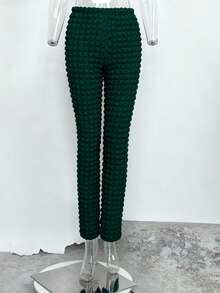 夏季街头纯色常规裤，弹力腰带蕾丝拼接长喇叭裤，女款 - 墨綠色 - 查看 1