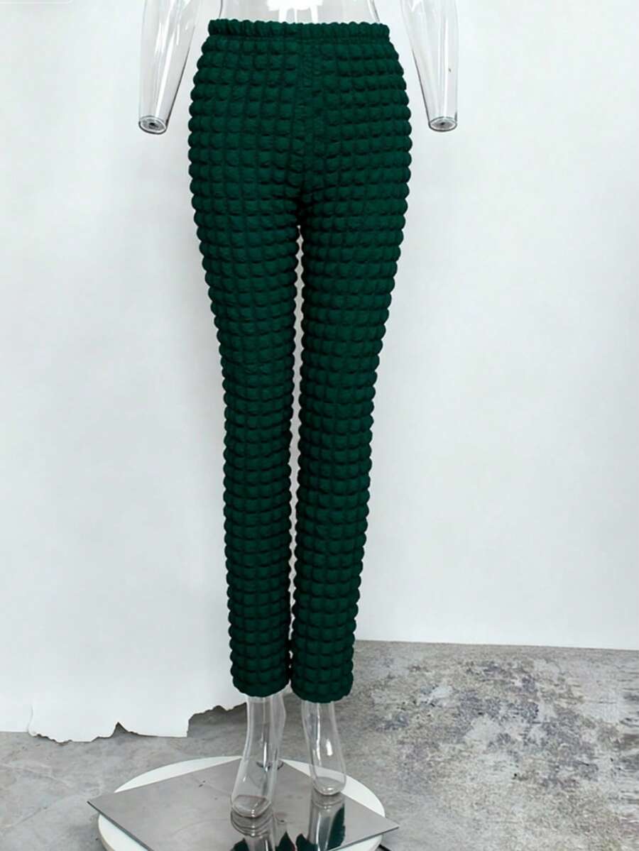 夏季街头纯色常规裤，弹力腰带蕾丝拼接长喇叭裤，女款 - 墨綠色 - 查看 1