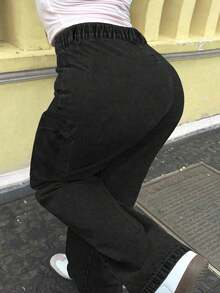 女士中腰工装牛仔裤 - 无弹力直筒裤型，配有弹性抽绳腰带，宽松版型 - 黑色 - 查看 2