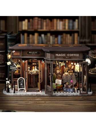 Vintage Coffee Shop Mini Wooden 3D Puzzle DIY Handmade Model, Bedroom Decoration Crafts, Suitable For Girls And Teenagers Over 14 Years Old, Adult Valentine's Day Birthday Gifts