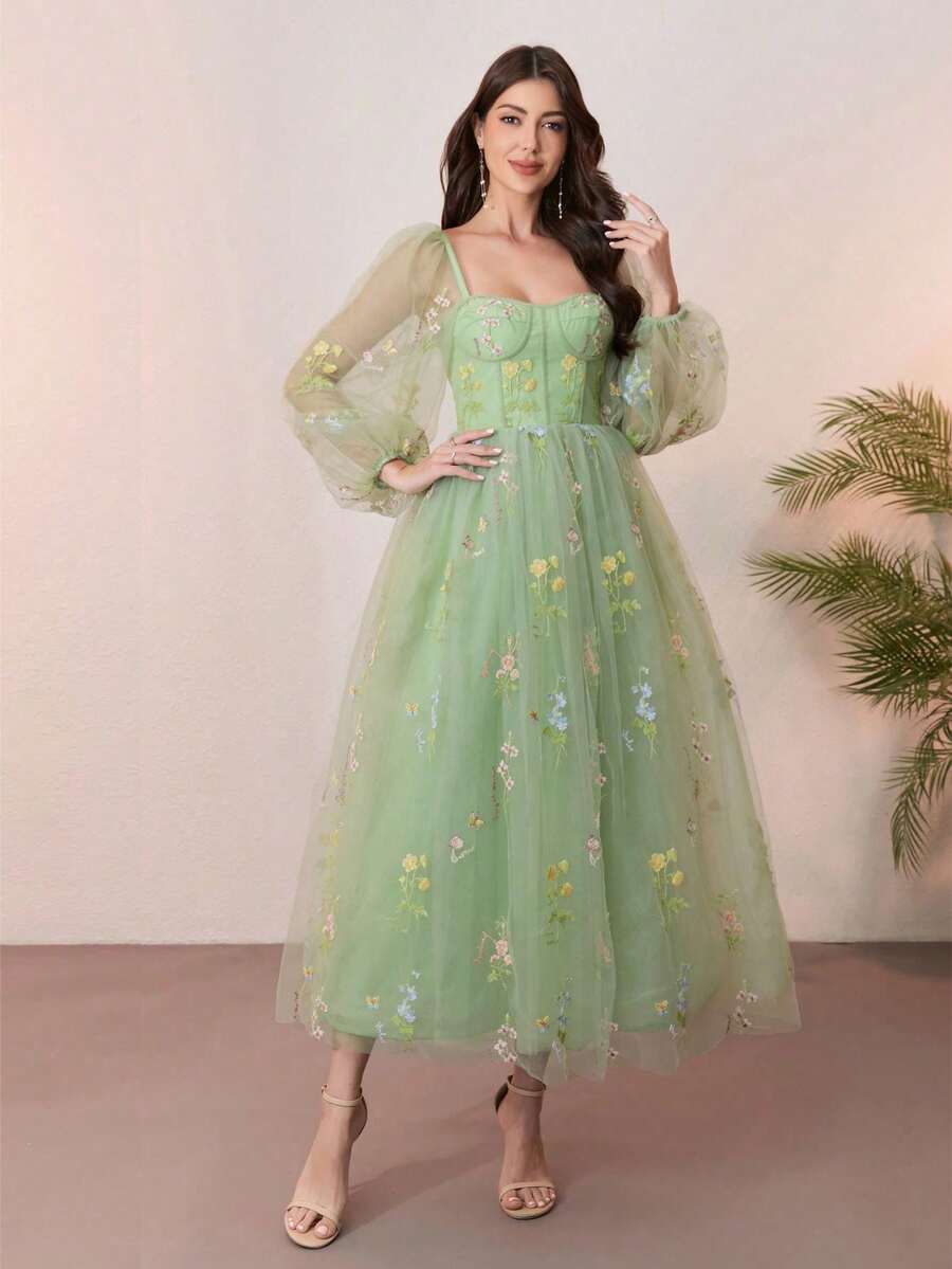 Romantic Vintage Green Prom Dress With Princess Lantern Sleeves, Bustier Party Dress Wedding Guest Cocktail Dress