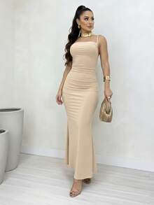 Vestido feminino de alça elegante e justo com cauda de peixe plissada em cor sólida para o verão Natal - Bege - Visão 1