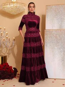 新款复古花卉刺绣镂空设计法兰绒长款连衣裙，高领长袖修身褶皱性感礼服，女士婚礼、派对、正式晚礼服 - 酒紅色 - 查看 4