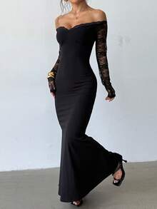 WOWDARK 女士冬季连衣裙，黑色，时尚优雅的V领露肩蕾丝边派对连衣裙，适合情人节、新年、派对、休闲场合。