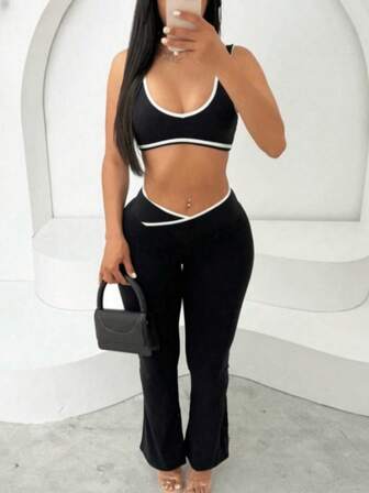 FQLWL 女士夏季街头修身套装纯色背心搭配长裤健身慢跑裤