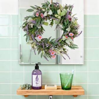 1 pieza Corona artificial de lavanda, margarita y eucalipto, corona de bienvenida para crear ambiente, adorno de mesa para decoración del hogar