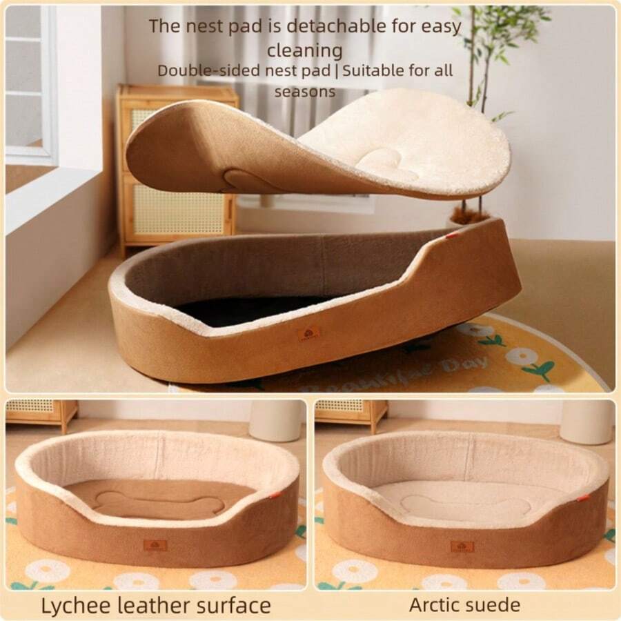 1 pieza Cama para mascotas de peluche gruesa y lavable, cama cerrada cálida para perros/gatos adecuada para perros y gatos pequeños/medianos/grandes - Óxido marrón - Ver 1