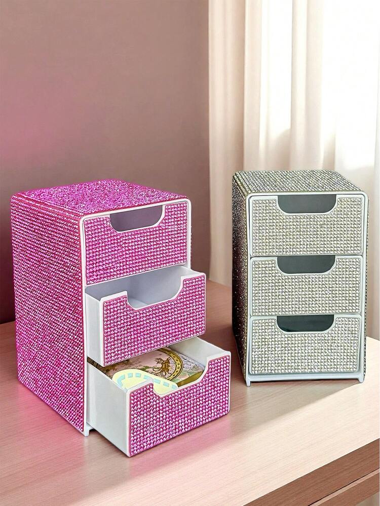 Caja de almacenamiento de escritorio de 3 cajones con alto valor estético, totalmente cubierta de rhinestones, organizador de joyas y cosméticos, regalos para mujeres, regalos de Navidad, ideas de regalos para mujeres, decoración de habitación - Multicolor - Añade 1