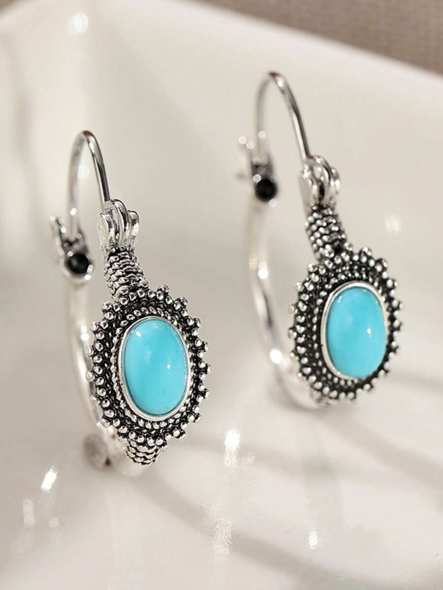 1 Pair Minimalist Blue Leaf Shaped Round Clip-On Earrings, Unique Design, Ideal Gift For Valentine's Day And Holidays - Silver - View 1