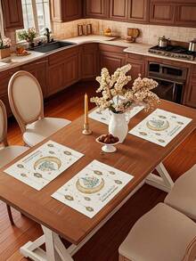 1/4/6 szt. Podkładka na stół z motywem gwiazdy księżycowej w nowoczesnym stylu, lniana, antypoślizgowa, dekoracyjna mata stołowa na Ramadan, idealna na przyjęcie świąteczne Eid Mubarak, muzułmańska dekoracja domu - Wielokolorowe - Zobacz 5