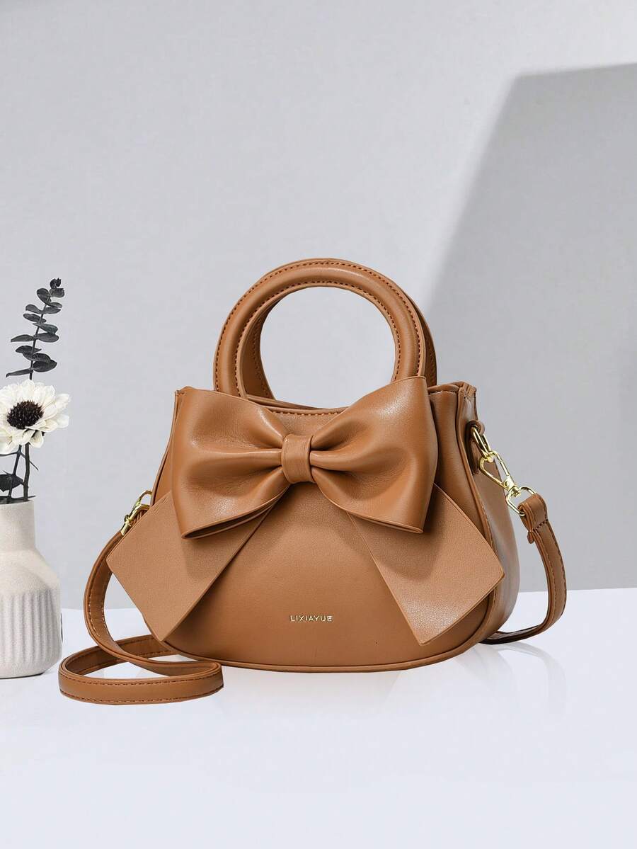 Solid Color Women's Handbag With Elegant Bow Detail, Classic Shoulder Bag Suitable For Students, Teachers, Office Ladies, Adjustable Strap - Very Chic - Brown - View 1