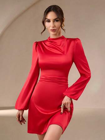 Vestido mini elegante, minimalista y romántico con volantes en forma de A, adecuado para ir al trabajo, bodas, fiestas, festivales de música y vacaciones - Manga larga roja, graduación, atuendos para maestras, vestido para maestras, ropa de mujer para otoño, dinero antiguo, atuendos de oficina para mujer, vestidos de otoño para mujer