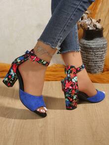 Women's Chunky Heel Sandals Open Toe Casual Shoes, Ditsy Floral Peep Toe High Heels, Versatile For Dresses And Parties, Plus Size - Blue - View 5