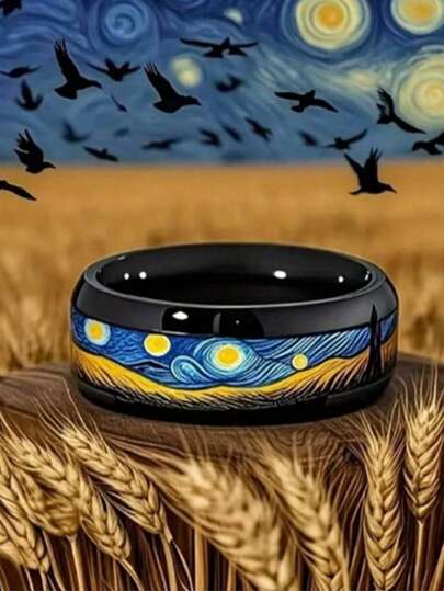 Anillo de acero inoxidable con el diseño de la Noche Estrellada de Van Gogh en negro
