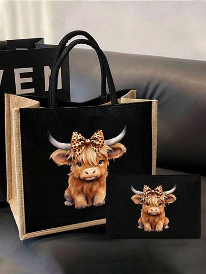 Highland Cow Printed Black Linen Handbag Set,Cute Bow Leopard Design Highland Cow Pattern,Women'S Linen Large Capacity Tote Bag,Personalized Gift Bag, Commuting Bag And Zipper Beauty Bag, Suitable For Weddings, Birthdays, Beaches, Holidays, It Is The Perfect Gift For Women, Mothers, Teachers, Friends, Bridesmaids, Big Bags, Students And Back To School,Suitable For Nature Enthusiasts And Women