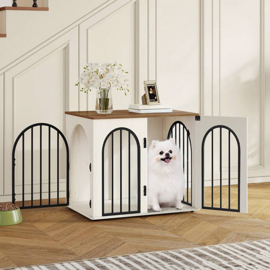 HEXCELEN 26.8'' Wooden Dog Crate Furniture, Indoor Dog Kennel Dogs Cage For Small Dogs, Heavy Duty Dog Crates Decorative Pet House End Side Table TV Stand, White Brown - 白色/棕色 - 查看 1
