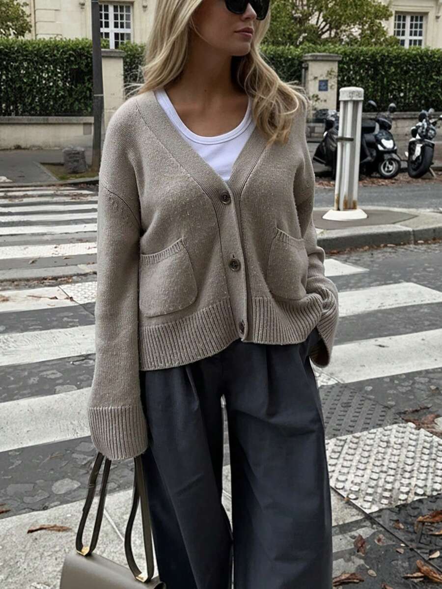 Fall Clothes For Women Minimalist Beige Knit Cardigan Button With Front Pockets – Effortless Everyday Style