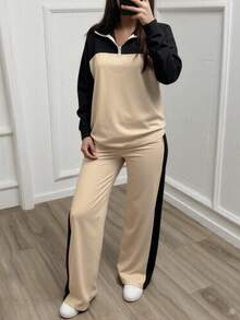 女士休闲套装，优雅运动套装，翻领宽松上衣搭配阔腿裤，两件套，秋冬春季款 - 膚色 - 查看 2