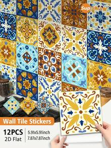 SUPSTICKER 12 piezas de pegatinas de pared de PVC con diseño de azulejos vintage bohemio, autoadhesivas, impermeables y resistentes al calor, de varios tamaños, para decoración DIY de cocina y hogar - Multicolor - Ver 12