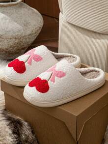 Cute Cherry Bow Embroidery Slip-On Women's Slippers Indoor Casual Home Footwear Winter Shoes - 粉色 - 查看 5