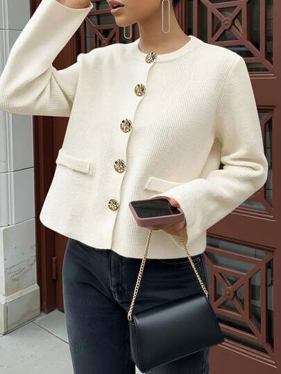 Women's Winter Sweater, Elegant Pure Beige Cardigan, Slim Fit, Simple Button Front Design, Suitable For Everyday Wear, Dates, Or As A Christmas Or New Year's Sweater.