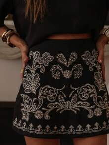 女士时尚刺绣串珠花卉印花波西米亚优雅拉链半身裙 黑色 夏季 - 黑色 - 查看 2
