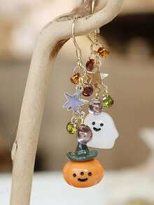 1 Pair Rhinestones Artificial Zirconia Earrings For Women Jewelry Accessories Halloween Party Girl Gift Cute Cartoon Pumpkin Lantern Little Ghost Pendant Earrings