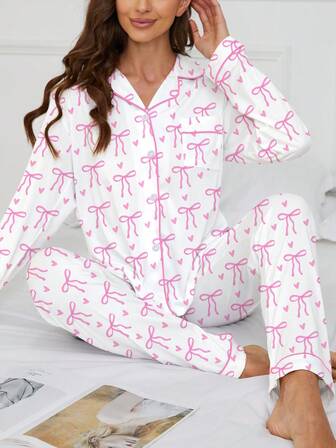 2pcs Elegant Bow Print Loungewear Set, Includes Comfortable Long Sleeve Top With Collar And Relaxed Elastic Waist Pants, Suitable For Sleepwear, Lounging, Parties, All Seasons, Winter Clothes