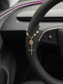 1pc Steering Wheel Decor, 15cm Adjustable Length, Minimalist, Cute, Creative Rosary Beads Car Pendant Accessory, Unique Fashion Car Hanging Decoration - White Oval Disc With Black Border and Cross - a - View 1