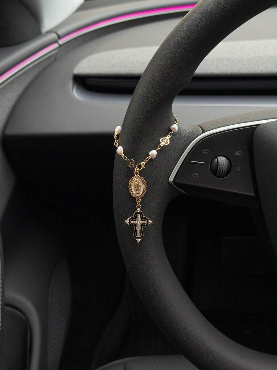 1pc Steering Wheel Decor, 15cm Adjustable Length, Minimalist, Cute, Creative Rosary Beads Car Pendant Accessory, Unique Fashion Car Hanging Decoration - White Oval Disc With Black Border and Cross - a - View 1