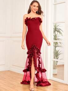 Women's Strapless Sleeveless Elegant Ribbed Knit Maxi Bodycon Bandage Dress, Ruffle Trim, High Slit, Fishtail Hem - Red - View 5