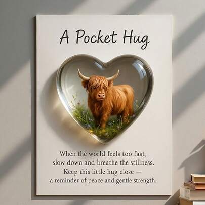 Pocket Hug Highland Cow Decor Figurine, Heart-Shaped Highland Cow Statue With Inspirational Card, Best Gift For Home, Office, Friends And Family, Suitable For Christmas And Valentine's Day