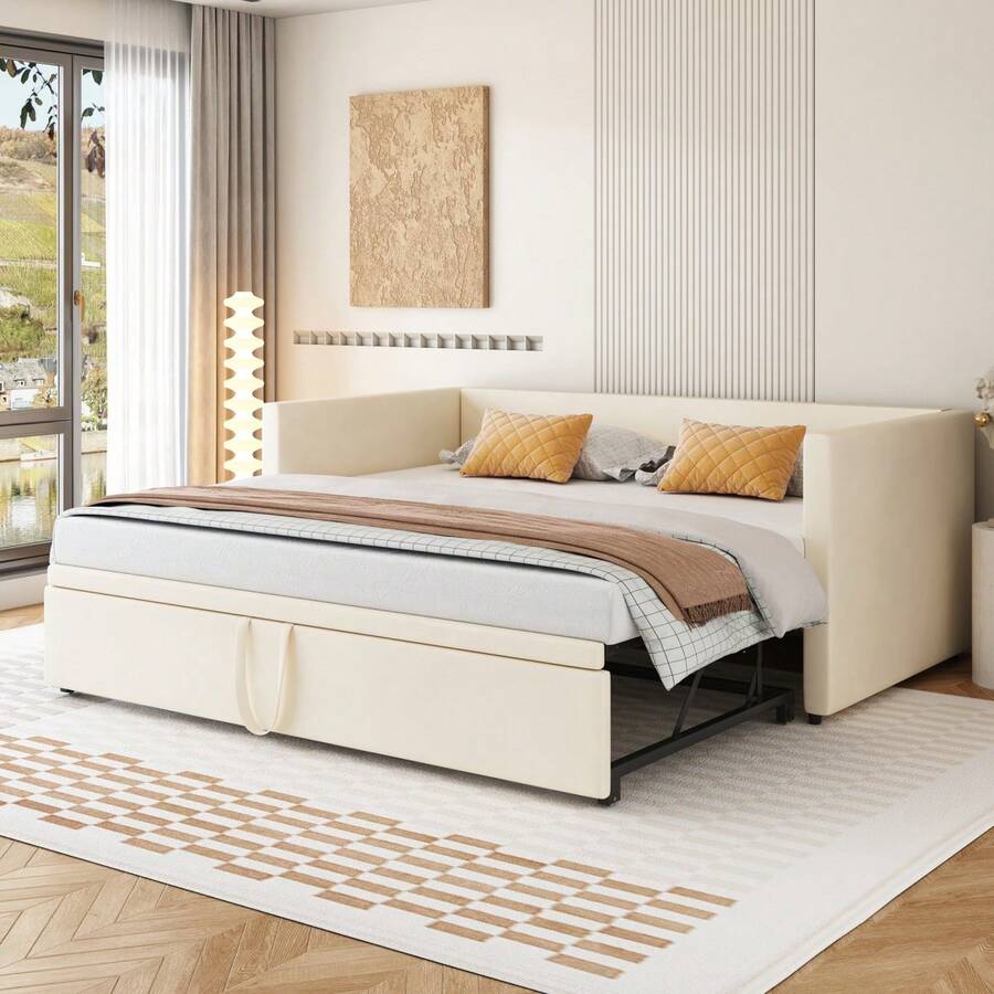 Folding Bed With Slatted Base, 90/180*200 Multifunctional Sofa Bed, Made Of Skin-Friendly Beige Velvet Fabric. - Beige + Upholstered + 90cm*200cm - View 1