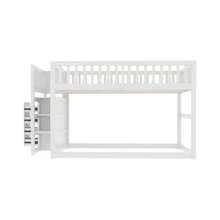 Cama litera baja 140 x 200, cama litera de  con almacenamiento, diseño de barandilla alta, cama de madera, blanca - Blanco + Madera + 140 cm x 200 cm - Ver 8