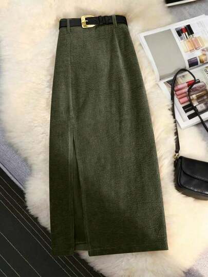 EARO 休闲百搭街头风格灯芯绒高腰 A 字开衩裙，松紧腰身修身设计，时尚优雅，适合秋冬