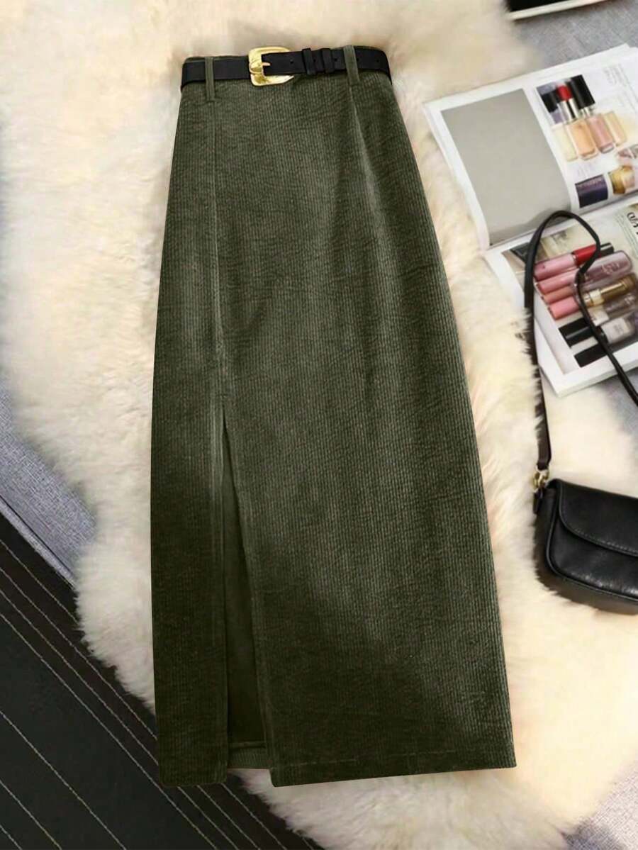 EARO 休闲百搭街头风格灯芯绒高腰 A 字开衩裙，松紧腰身修身设计，时尚优雅，适合秋冬 - 軍綠色 - 查看 1