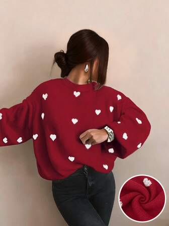 Autumn And Winter Women's Valentine's Day Cute Casual Heart-Patterned Loose-Fit Fashionable Sweater With Round Neck And Long Sleeves, Basic Sweater, Business Casual Women's Clothing, Autumn Top, Autumn Sweater, Women's Winter Clothing, Women's Autumn And Winter Clothing, Autumn Clothing