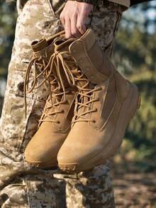 Men's 8-Inch Tactical Military Work Boots - Breathable Leather With Side Zipper, Lightweight For Hiking, Motorcycle, And Combat - Đồng - Xem 1