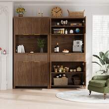GIKPAL Modern Pantry Cabinet With Power Outlet & Adjustable Shelves - Kitchen Storage Hutch With Drawer, Wave-Textured Doors For Dining & Living Room, Natural Oak Finish, Walnut - View 4
