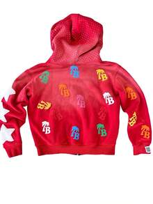 Y2K Zip Up Hoodie With Bold Who Cares Get Some Moneygraphic And Colorful Palm Logo Prints  Streetwearjacket - 紅色 - 查看 2