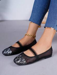 Nuevos zapatos planos de mujer con diseño personalizado, de malla negra, encaje sexy y transpirable, tipo Mary Jane, estilo ballet, de fácil deslizamiento, ligeros y cómodos, fáciles de usar y combinar, calzado casual hecho a mano para damas - Negro - Ver 5