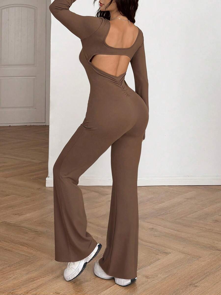 AiTyi Women's Jumpsuit, Well Fitted, Casual, Slimming, Shaping, Comfortable, Versatile, Fashionable, Sexy, Ruched Back Design, Suitable For Graduation, Back To School, Christmas, New Year, Thanksgiving, Autumn/Winter Knit Long Sleeve Jumpsuit - Brown - View 1