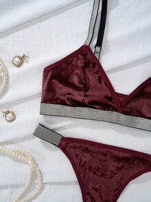 Ladies Velvet Thong Set & Wireless Comfy Bra Set For Autumn/Winter Two Pieces Set Women 2 Pieces Set - Burgundy - View 5