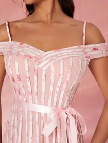 Mgiacy Women's Off‑Shoulder Mesh Ruched Evening Gown – Luxurious High‑End Formal Dress - Pink - View 5
