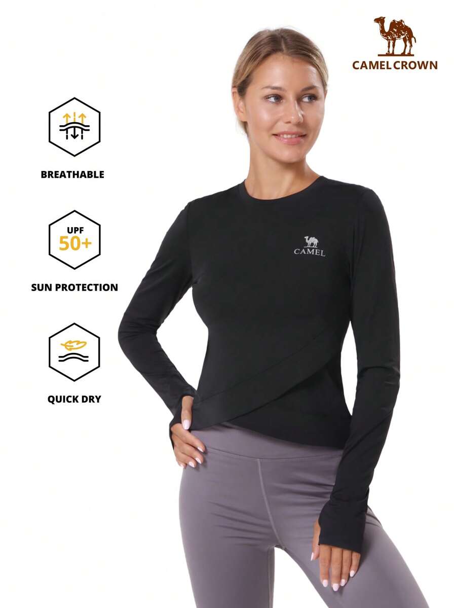 CAMEL CROWN Women's Quick-Dry UV Protection Long Sleeve Rash Guard Swimwear Top, Black - Black - View 1