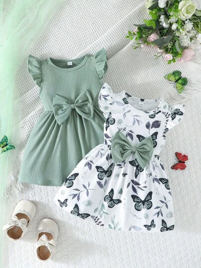 2件套幼儿圆领短袖蝴蝶印花和纯色罗纹简约可爱套装，春夏款